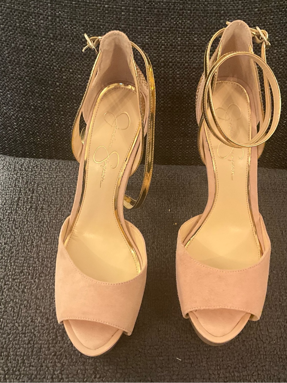 Jessica Simpson Pink Suede Open-Toe Heels with Gold Ankle Strap